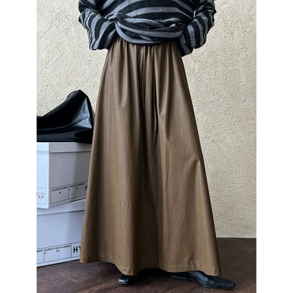 Luxi, retro PU leather pendant skirt women's autumn high waist lace-up pleated medium and long skirt 9695