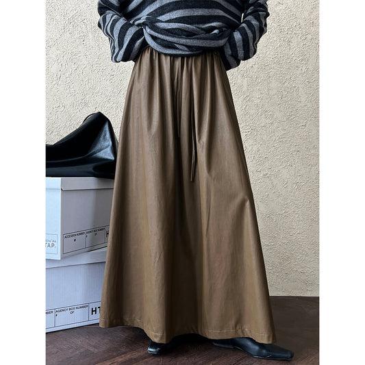 Luxi, retro PU leather pendant skirt women's autumn high waist lace-up pleated medium and long skirt 9695