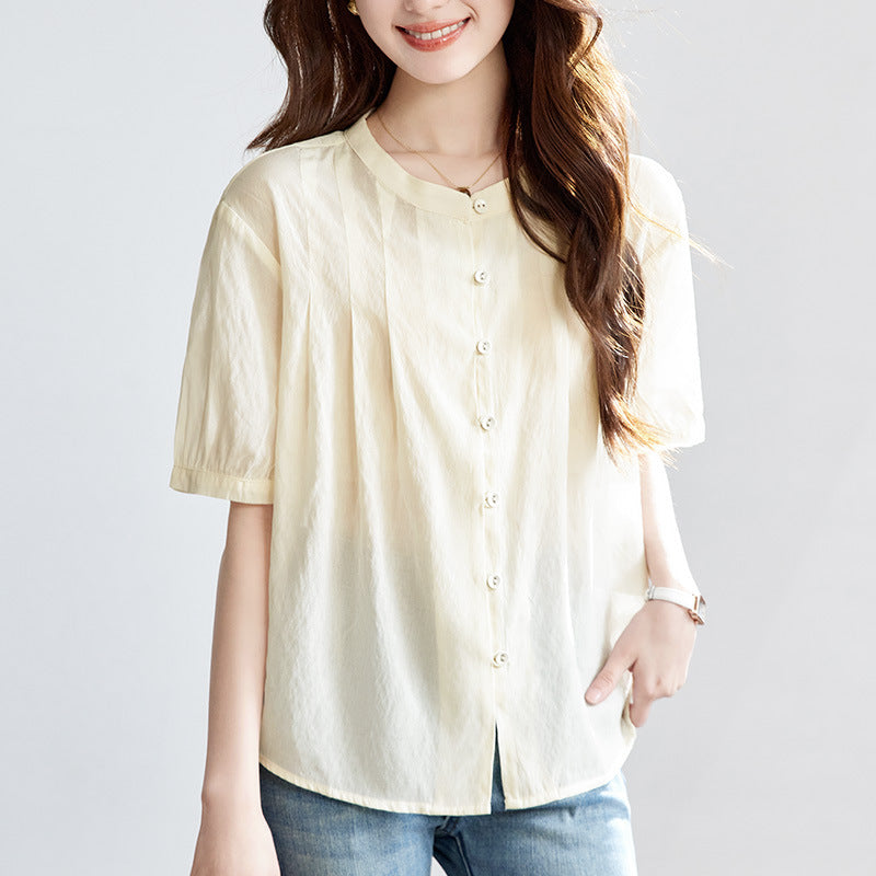 [Customized] Crew neck apricot shirt women's short sleeves  summer thin loose top Tencel shirt lining