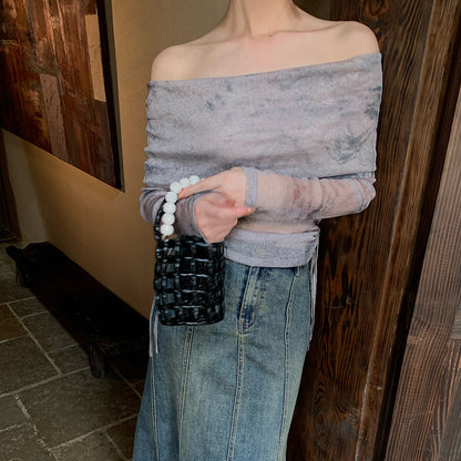 2025 popular autumn new temperament one-word collar versatile bottoming shirt long-sleeved knitted sweater women's top 89070