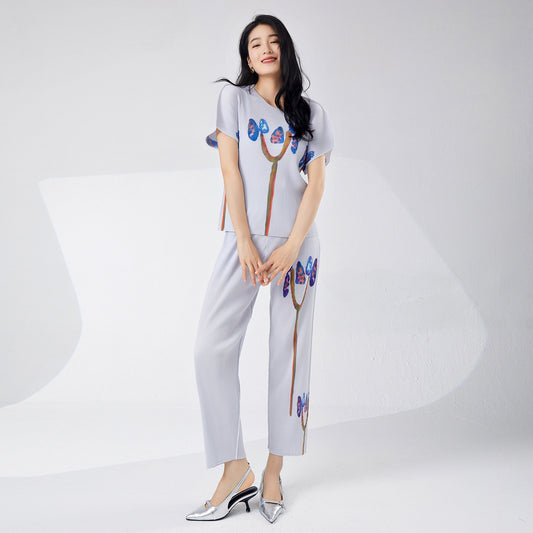 2025 women's suit fashionable matching clothes printed short-sleeved T-shirt loose straight-leg pants casual two-piece set