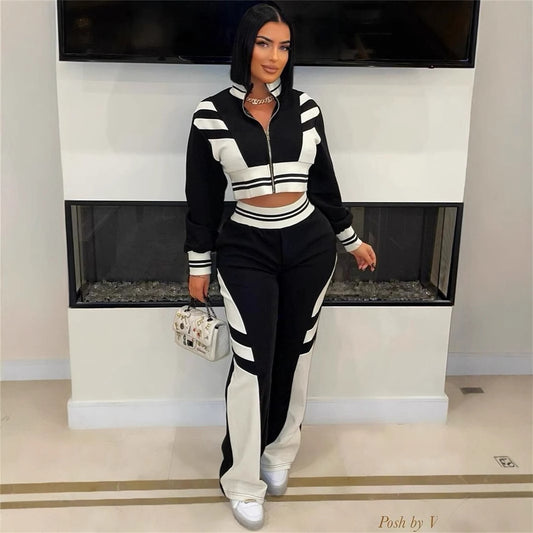 popular autumn new  New fashion trends contrasting colors casual sports long-sleeved jacket top trousers set