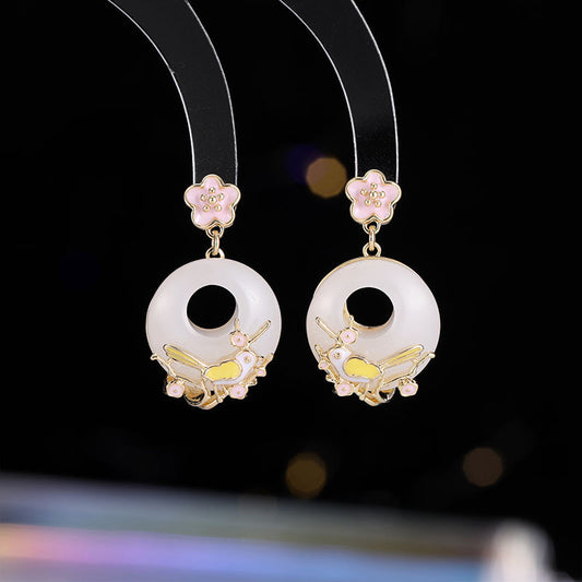 2025 New Chinese style earrings, pink flowers, elegant temperament, retro design, classical safety buckle, flower bird stud earrings.
