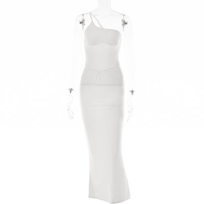 2025 Cross-border new  fashion and sexy backless suspender dress solid color waist pleated split dress summer women