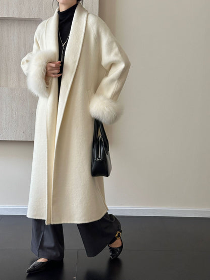2025 Solid color lapel fox hair cuffs loose lace-up bathrobe double-sided wool coat woolen jacket women's warm autumn and winter