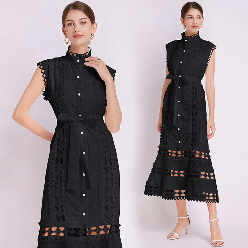 temperament high sense stand collar hollow embroidered lace splicing sleeveless waist thin elegant dress