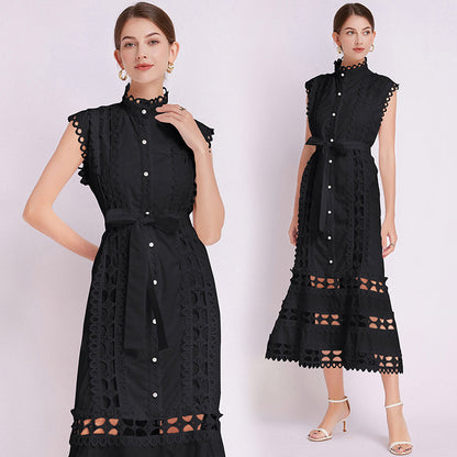 temperament high sense stand collar hollow embroidered lace splicing sleeveless waist thin elegant dress