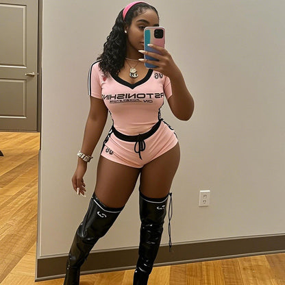 spring new New  slim-fit sexy Spice Girls printed short-sleeved V-neck top lace-up shorts set
