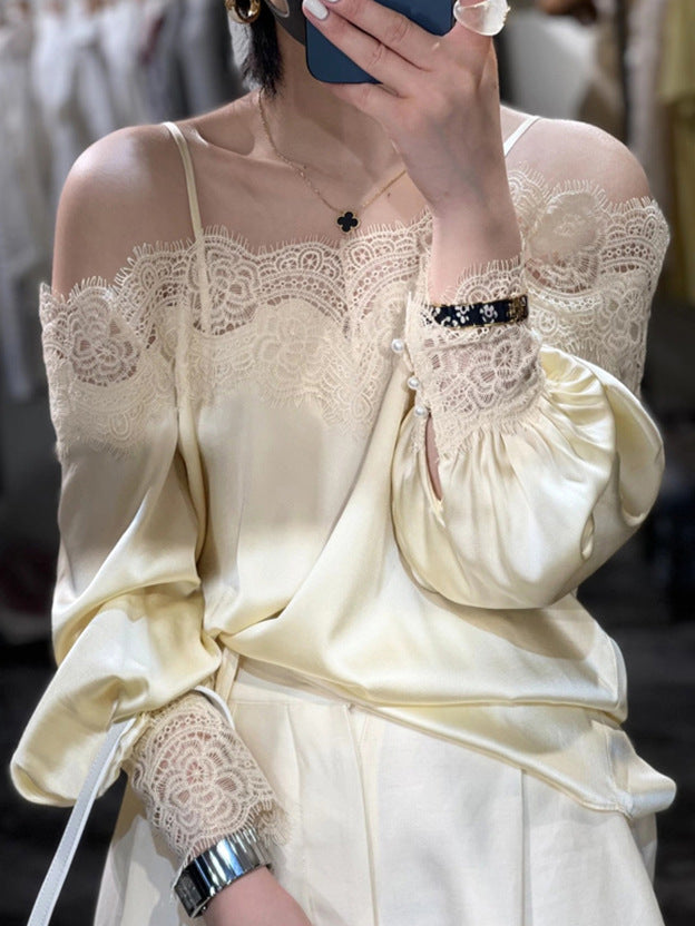 2025 early spring new design sense niche casual fashion temperament one-word collar lace splicing silk shirt women