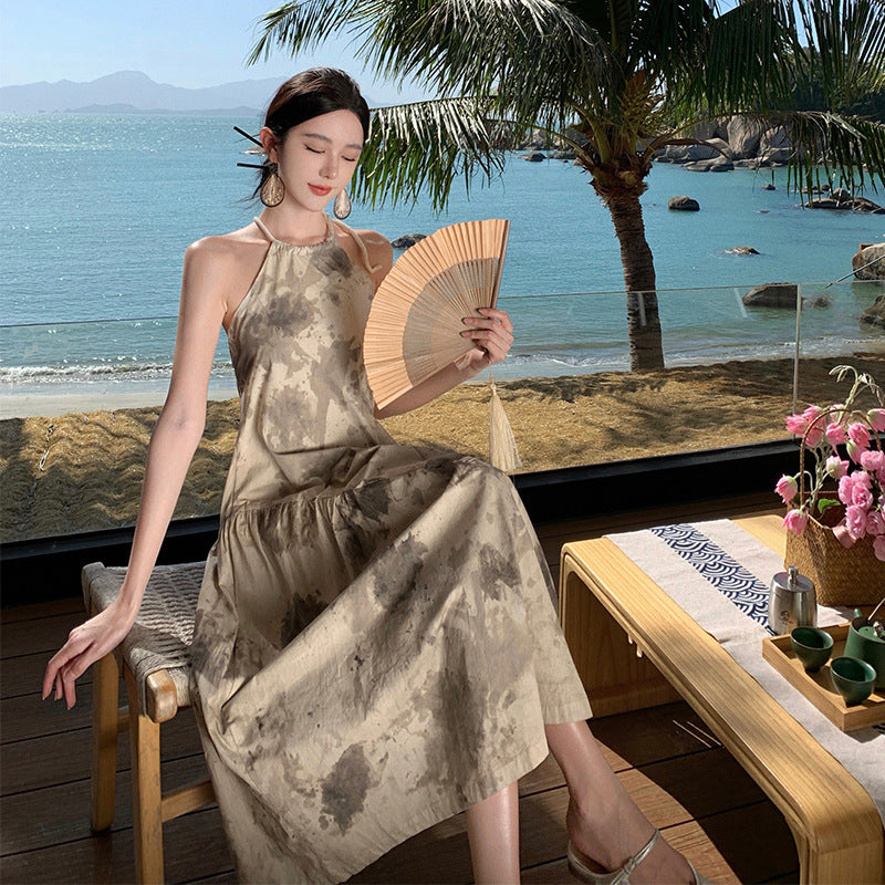 2025 Design sense woven neck dress women's summer seaside wear with backless beach skirt new Chinese ink suspender skirt fairy