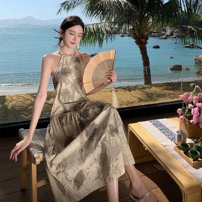 2025 Design sense woven neck dress women's summer seaside wear with backless beach skirt new Chinese ink suspender skirt fairy
