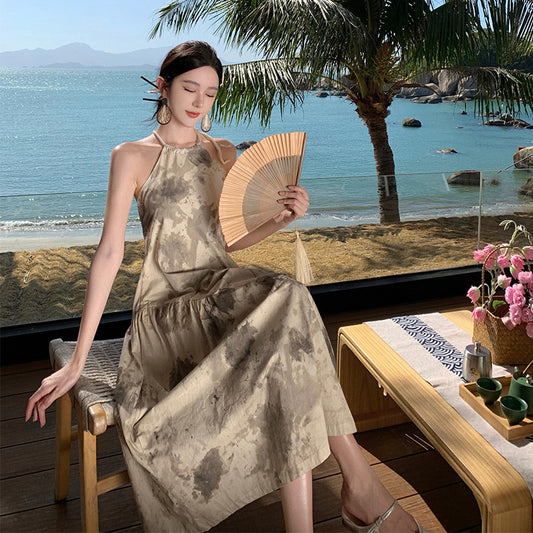 2025 Design sense woven neck dress women's summer seaside wear with backless beach skirt new Chinese ink suspender skirt fairy