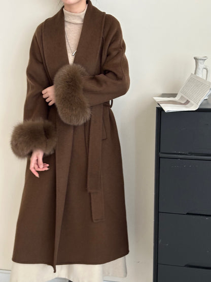 2025 Solid color lapel fox hair cuffs loose lace-up bathrobe double-sided wool coat woolen jacket women's warm autumn and winter