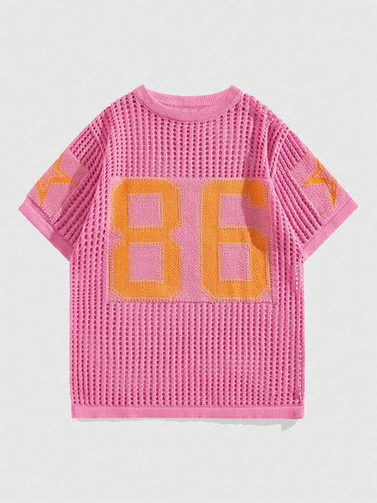 Summer  new splicing fashionable versatile printing mesh breathable sports sweater short-sleeved top