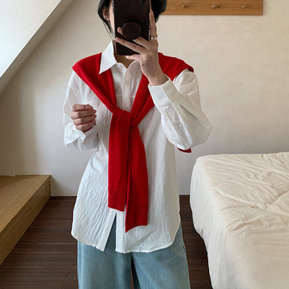 [Customized] Shirt girl  spring new high-count pure cotton white medium and long shirt commuting lazy wind