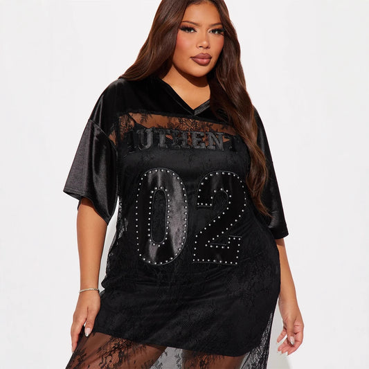 New New  fashion loose V-neck hollow lace splicing casual loose short-sleeved long dress dress women