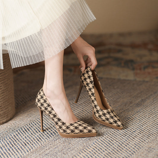 2025 1088-8 thousand bird grid pointed stiletto high heels women's 2025 new 2025 suede super high heels 11CM