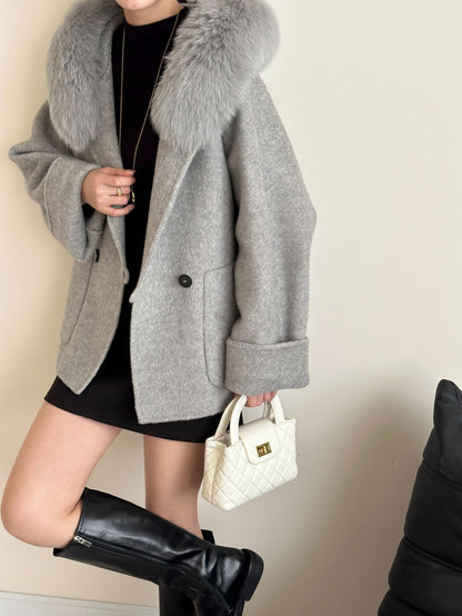 2025 Fox fur hooded large pocket double-breasted removable double-sided wool coat medium and long woolen coat women's autumn and winter