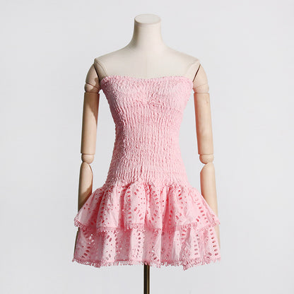 2025 Summer New European and American Sexy Hot Girl Style Elastic Waist Tube Top Embroidered Ruffled Short Dress Women