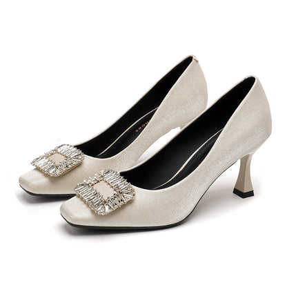 2025 3788-8 Square head thin heel rhinestone square buckle shoes women's Korean version light mouth satin shoes solid color commuter high heels women's autumn