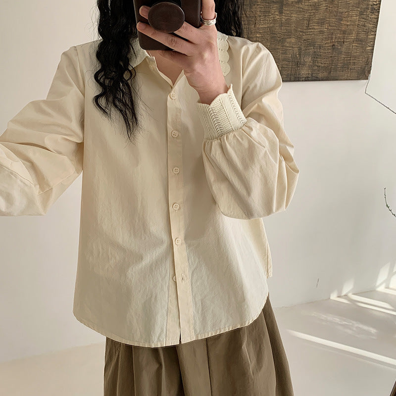 [Customized] Shirt Women's  Spring New Cotton  Apricot Lace Collar Long Sleeve Shirt