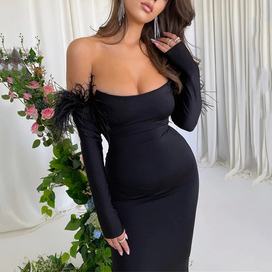 2025 New sexy women's clothing one-word collar tight dress autumn new fashion hot-selling backless long-sleeved dress