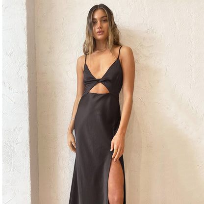 2025 ins fashion suspender V-neck dress 2022 hollow split temperament long dress sexy inner with Popular trade women's clothing