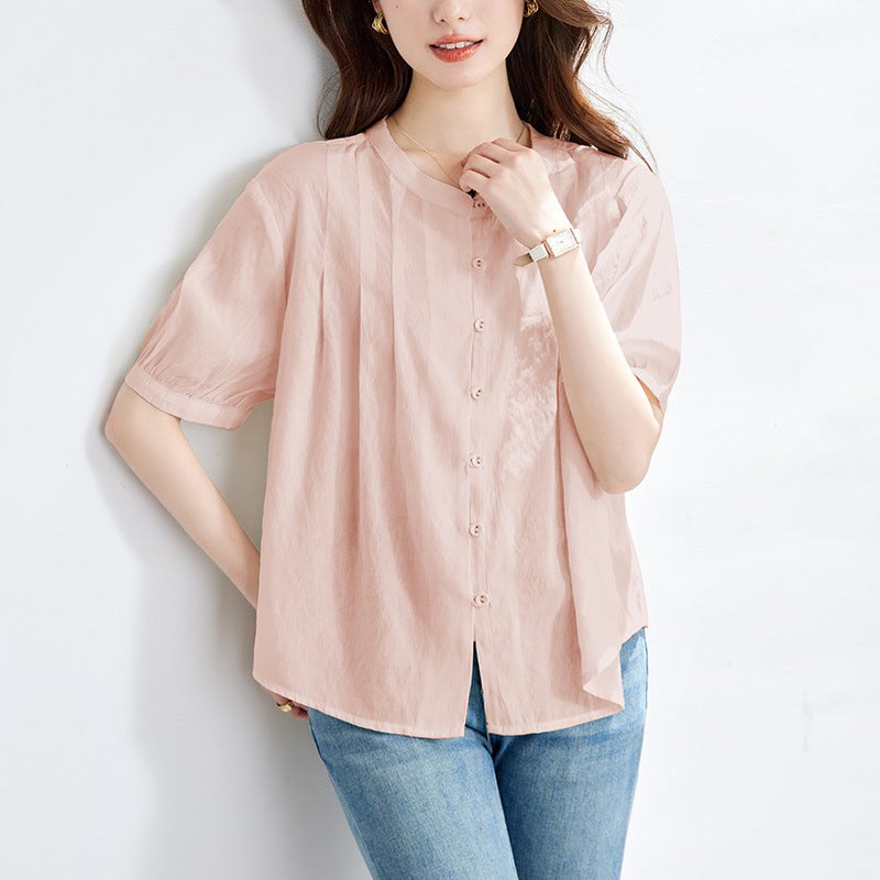 [Customized] Crew neck apricot shirt women's short sleeves  summer thin loose top Tencel shirt lining