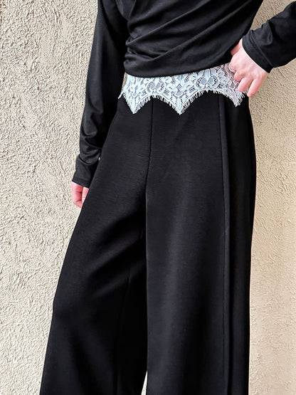 Luxi, Korean lace splicing casual wide-leg pants women's spring new high-waisted versatile soft waxy straight trousers 2890