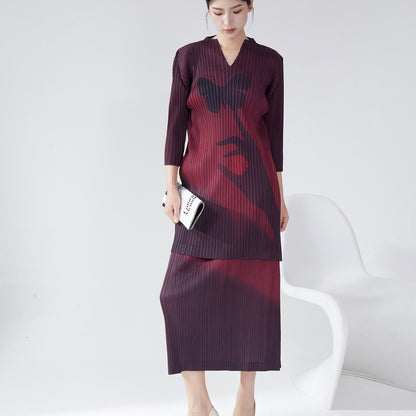 2025 Fashion Suit Women's Two-piece Suit High-end Retro Printed Medium and Long T-Shirt Top Split Skirt Autumn
