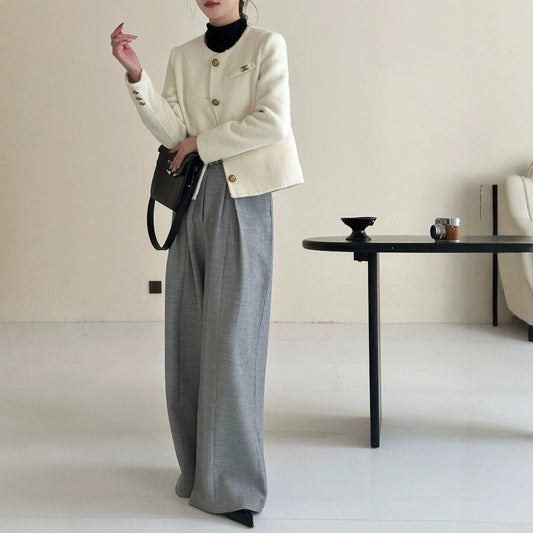 2025 Imitation gold buckle solid color small fragrant wind round neck single-breasted front shoulder short double-sided wool woolen coat coat women