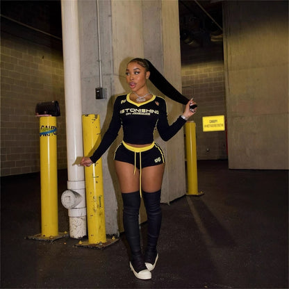 popular autumn new New n retro contrasting color V-neck slim-fitting Spice Girl long-sleeved top lace-up shorts set