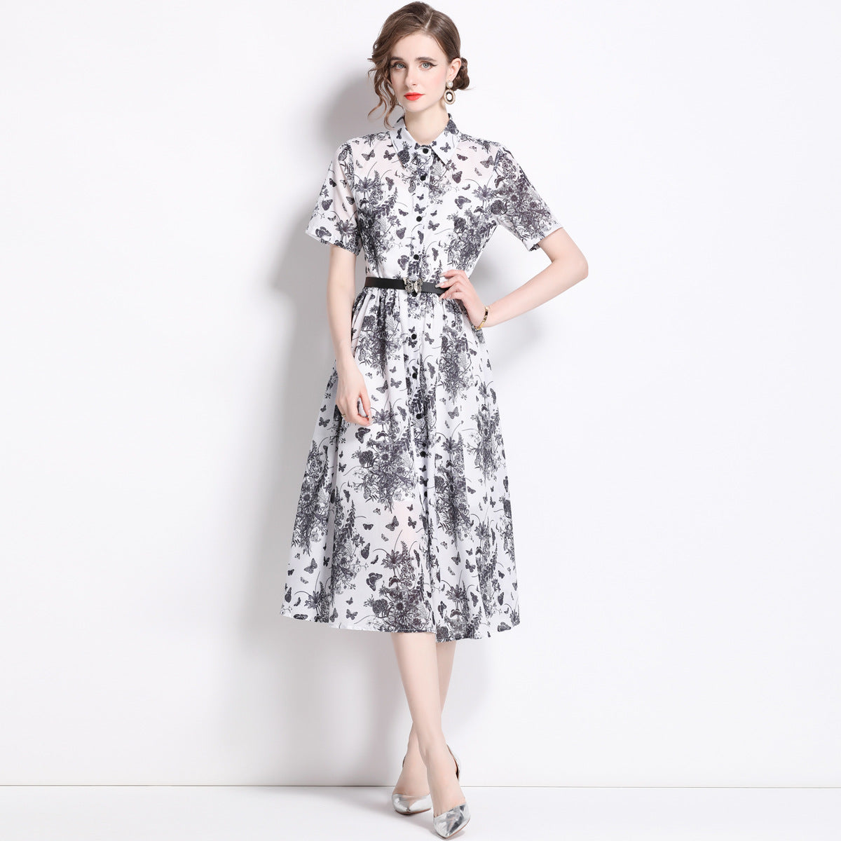Summer high-end retro temperament short-sleeved lapel waist thin single-breasted a-word ink painting printed dress