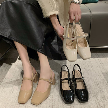 xiangtuibao Women's Chunky Heel High Heels Women's Fashion Shoes  Summer New Sandals Female Temperament Back Empty Square Toe Mary Jane Shoes