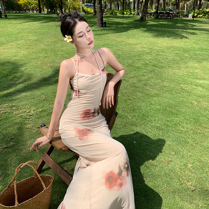 2025 Seaside vacation dress waist and thin pure desire suspender skirt photo beach skirt Spice girl pleated sexy hip skirt