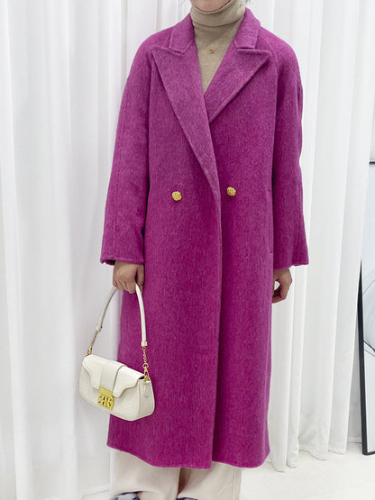 2025 Long-haired mulberry silk wool suit collar two buttons sleeves cracked double-sided cashmere coat blue woolen coat women