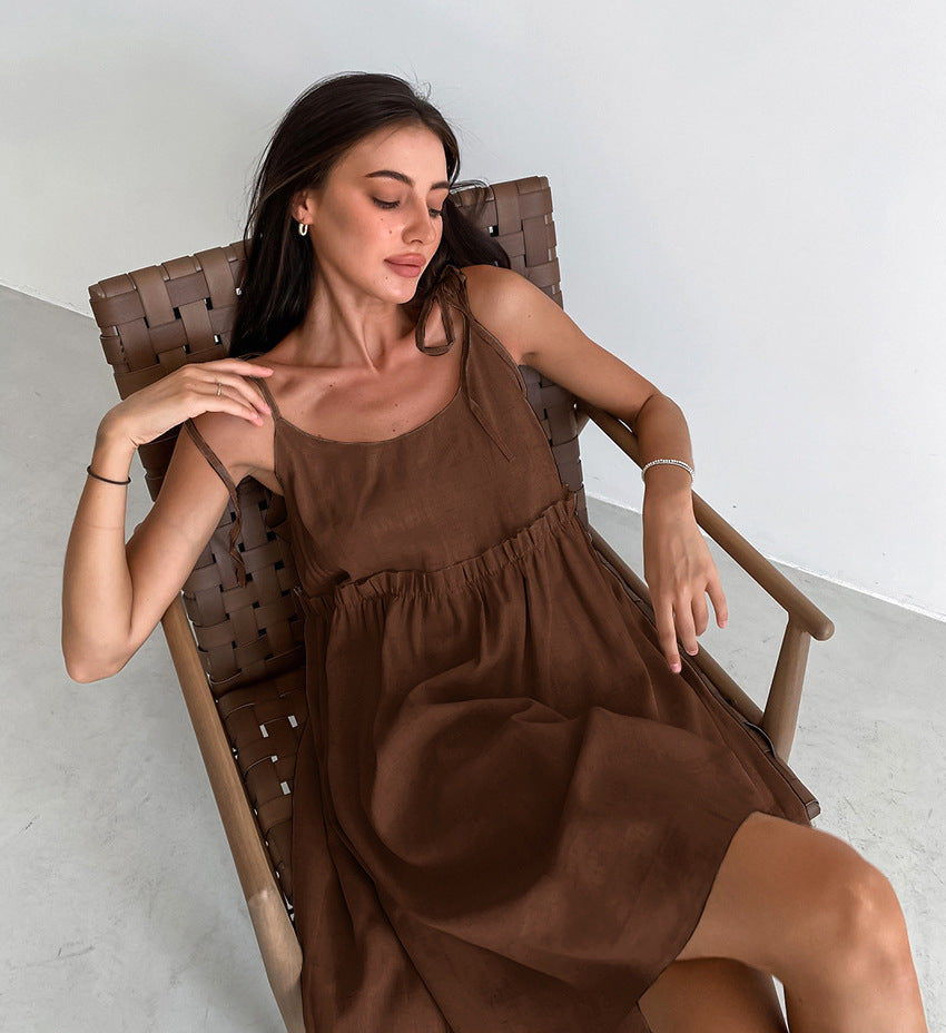 2025 Cross-border  summer new  sexy babes suspender dress salt-tie pullover loose cotton and linen A-shaped skirt