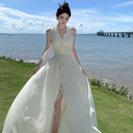 2025 high-end sense super good-looking fairy temperament chiffon neck dress fairy summer seaside vacation long skirt