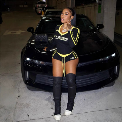 popular autumn new New n retro contrasting color V-neck slim-fitting Spice Girl long-sleeved top lace-up shorts set