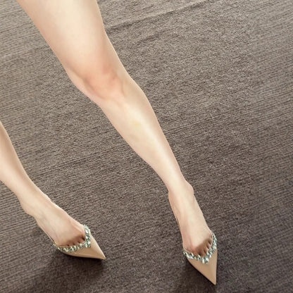 2025  popular new nude high heels pointed rhinestones sexy royal sister temperament single shoes women's banquet