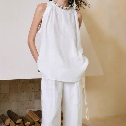 2025 Design Sense Loose Pattern Handmade Beaded Linen Sleeveless Shirt Top Women's  Summer