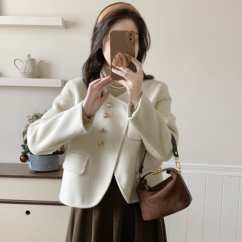 2025 Xiaoxiangfeng button decoration Maillard asymmetrical double-sided wool outer coat versatile temperament woolen coat new
