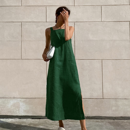 2025 popular new  long dress cotton and linen sleeveless dress women's summer sexy green slit straight suspender skirt