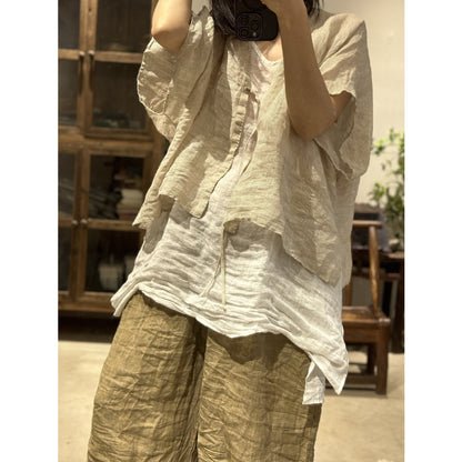 2025    23/4 small sticks, spring and summer literary and retro linen shoulder-length half-sleeved cardigan with straps
