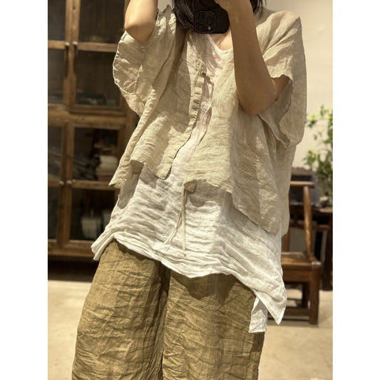 2025    23/4 small sticks, spring and summer literary and retro linen shoulder-length half-sleeved cardigan with straps
