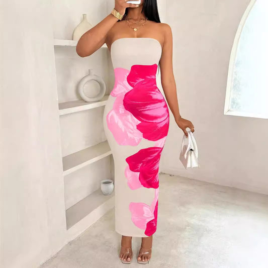 popular  New new shein women's slim-fitting off-the-shoulder contrasting color flower printing elegant fashion dress