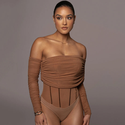 2025 wish sexy see-through bottoming shirt women's  summer new one-word shoulder long-sleeved solid color backless onesie