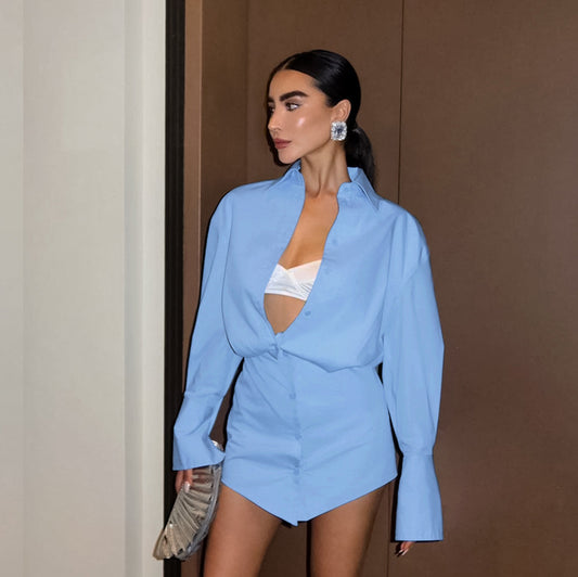 2025 Spring and summer fresh blue loose lapel shirt sleeve hip wrap slim dress New  fashion pencil skirt women