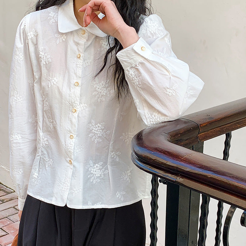 [Customized] Shirt women's  spring clothing new pure cotton lapel embroidered top sweet and loose young age reduction