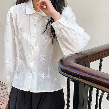 [Customized] Shirt women's  spring clothing new pure cotton lapel embroidered top sweet and loose young age reduction